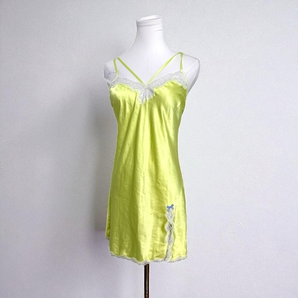Neon Yellow Satin Slip Dress Lace Trim Y2K Victoria’s Secret Style S - Picture 1 of 9
